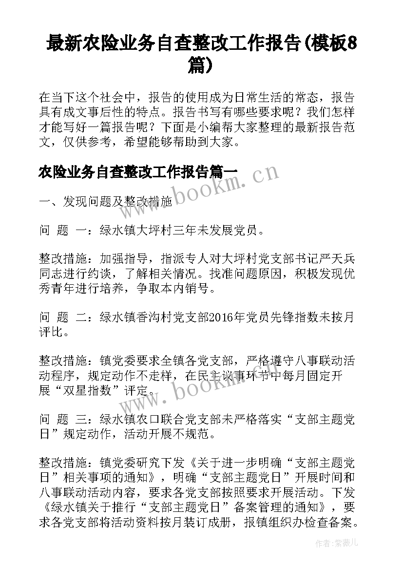 最新农险业务自查整改工作报告(模板8篇)