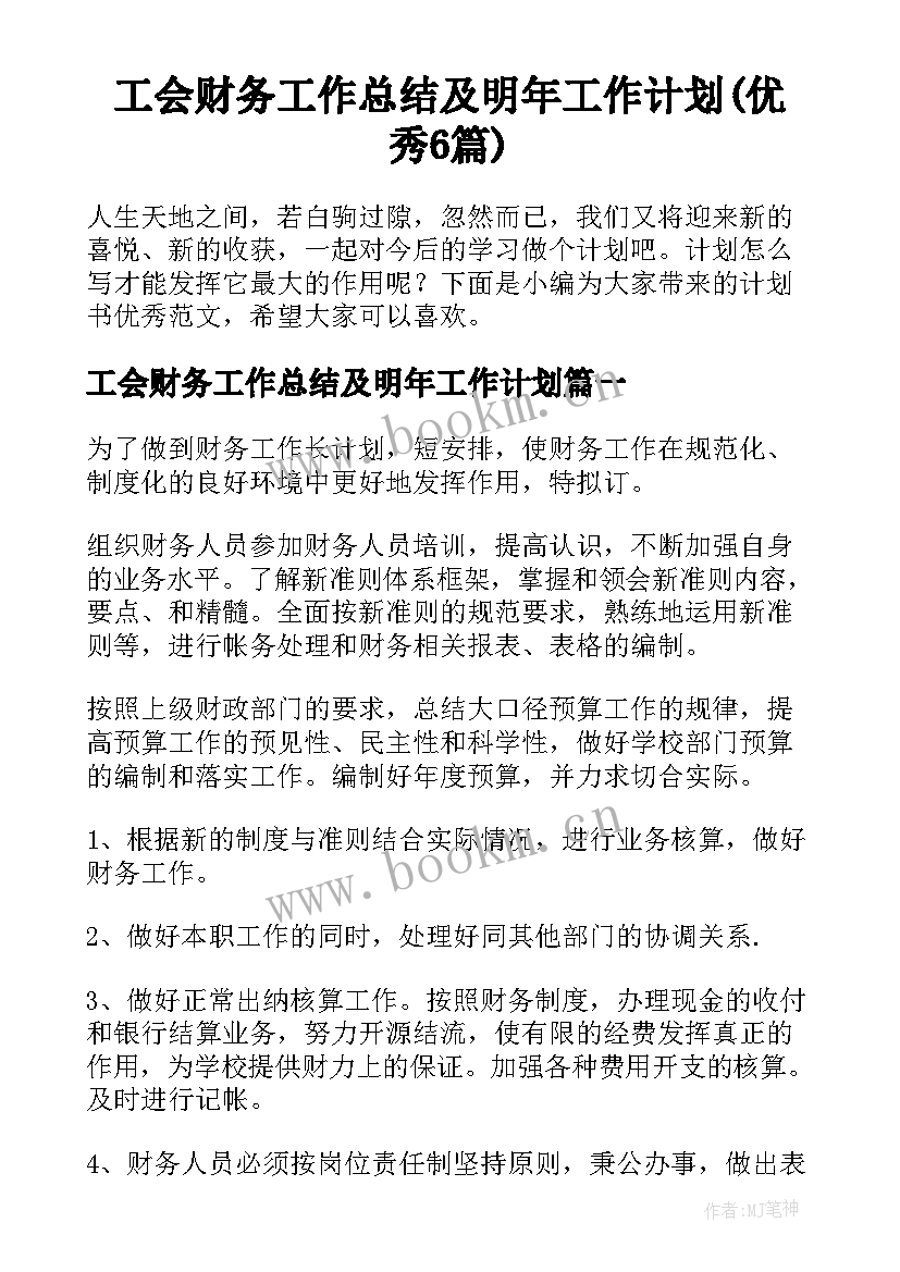 工会财务工作总结及明年工作计划(优秀6篇)