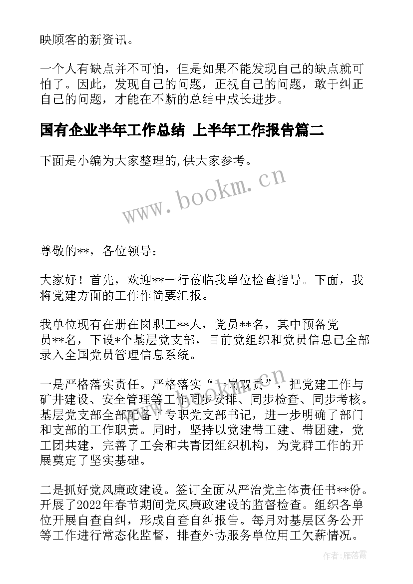 2023年国有企业半年工作总结 上半年工作报告(实用7篇)