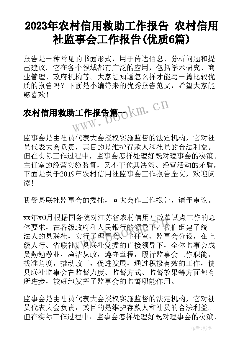 2023年农村信用救助工作报告 农村信用社监事会工作报告(优质6篇)