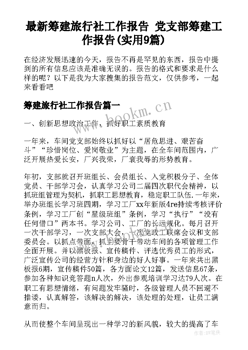 最新筹建旅行社工作报告 党支部筹建工作报告(实用9篇)