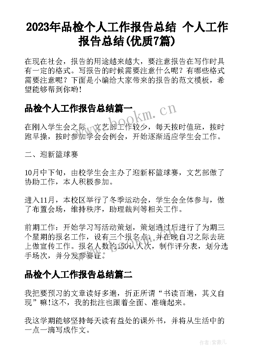 2023年品检个人工作报告总结 个人工作报告总结(优质7篇)