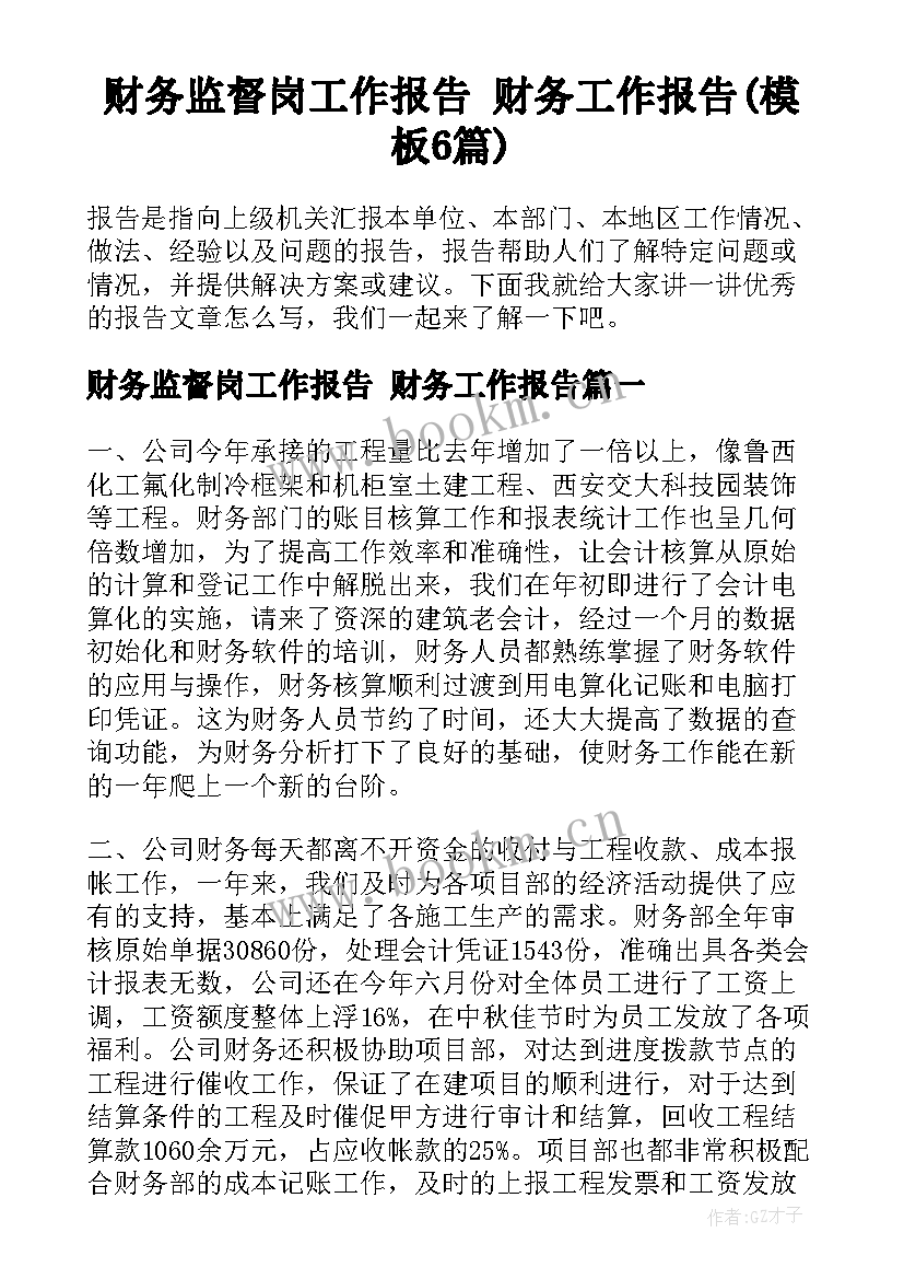 财务监督岗工作报告 财务工作报告(模板6篇)