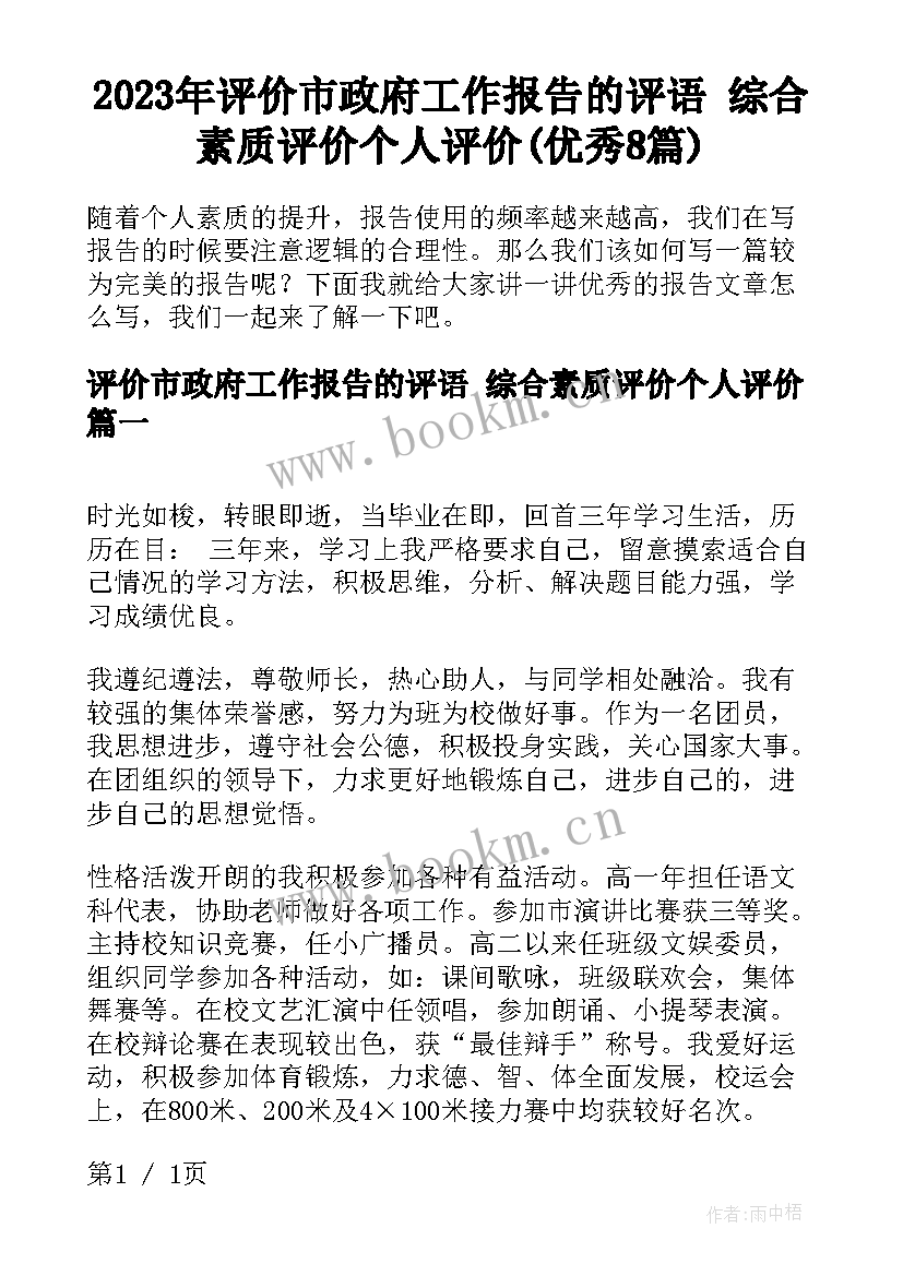 2023年评价市政府工作报告的评语 综合素质评价个人评价(优秀8篇)