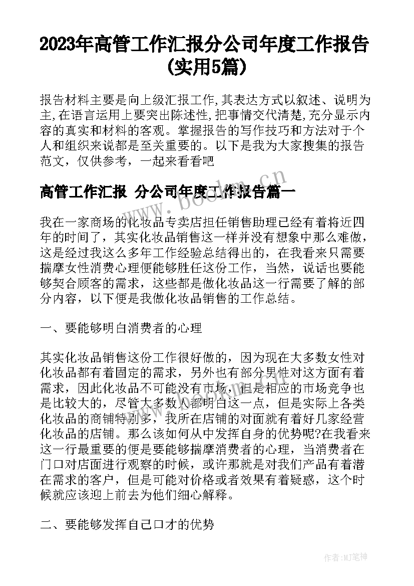 2023年高管工作汇报 分公司年度工作报告(实用5篇)