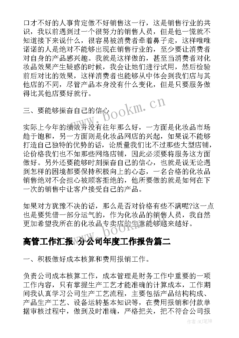 2023年高管工作汇报 分公司年度工作报告(实用5篇)