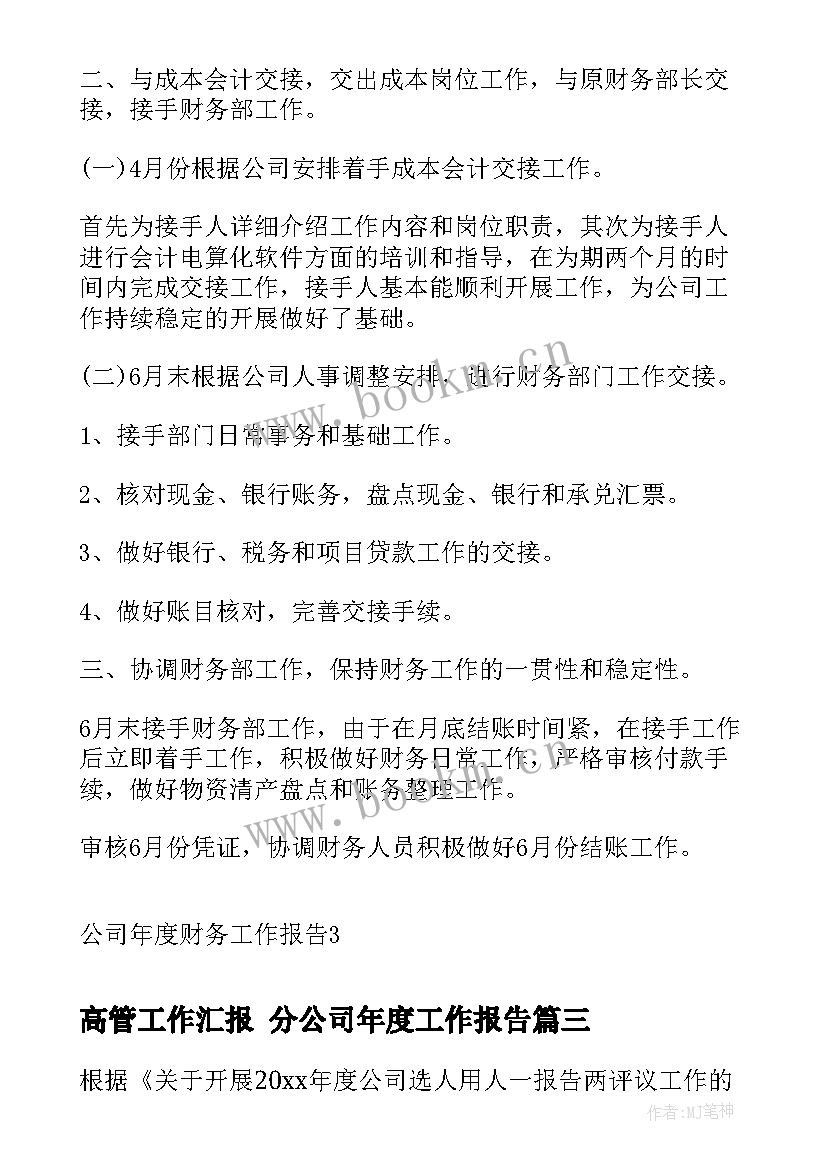 2023年高管工作汇报 分公司年度工作报告(实用5篇)