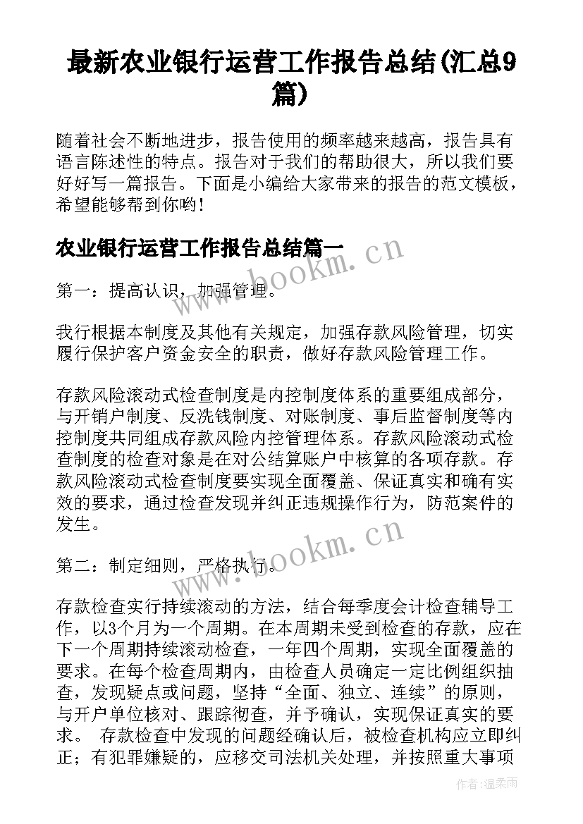 最新农业银行运营工作报告总结(汇总9篇)