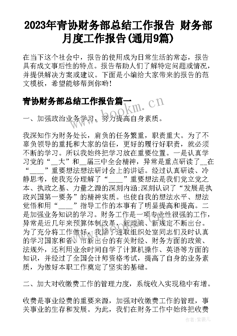 2023年青协财务部总结工作报告 财务部月度工作报告(通用9篇)