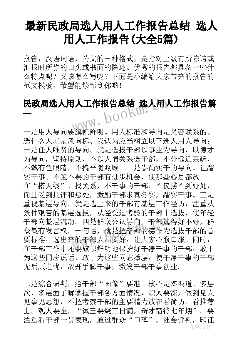 最新民政局选人用人工作报告总结 选人用人工作报告(大全5篇)