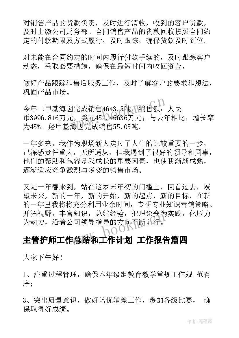 最新主管护师工作总结和工作计划 工作报告(优质9篇)