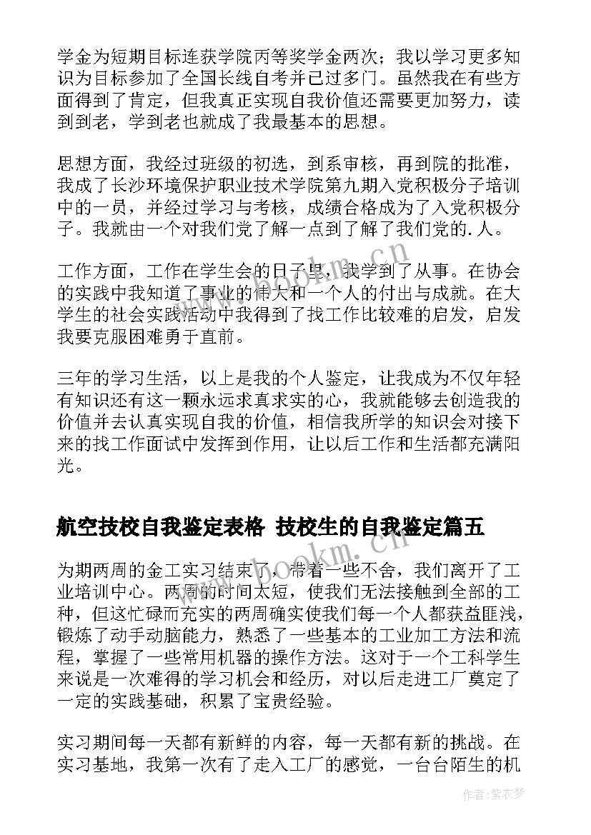 航空技校自我鉴定表格 技校生的自我鉴定(实用6篇)