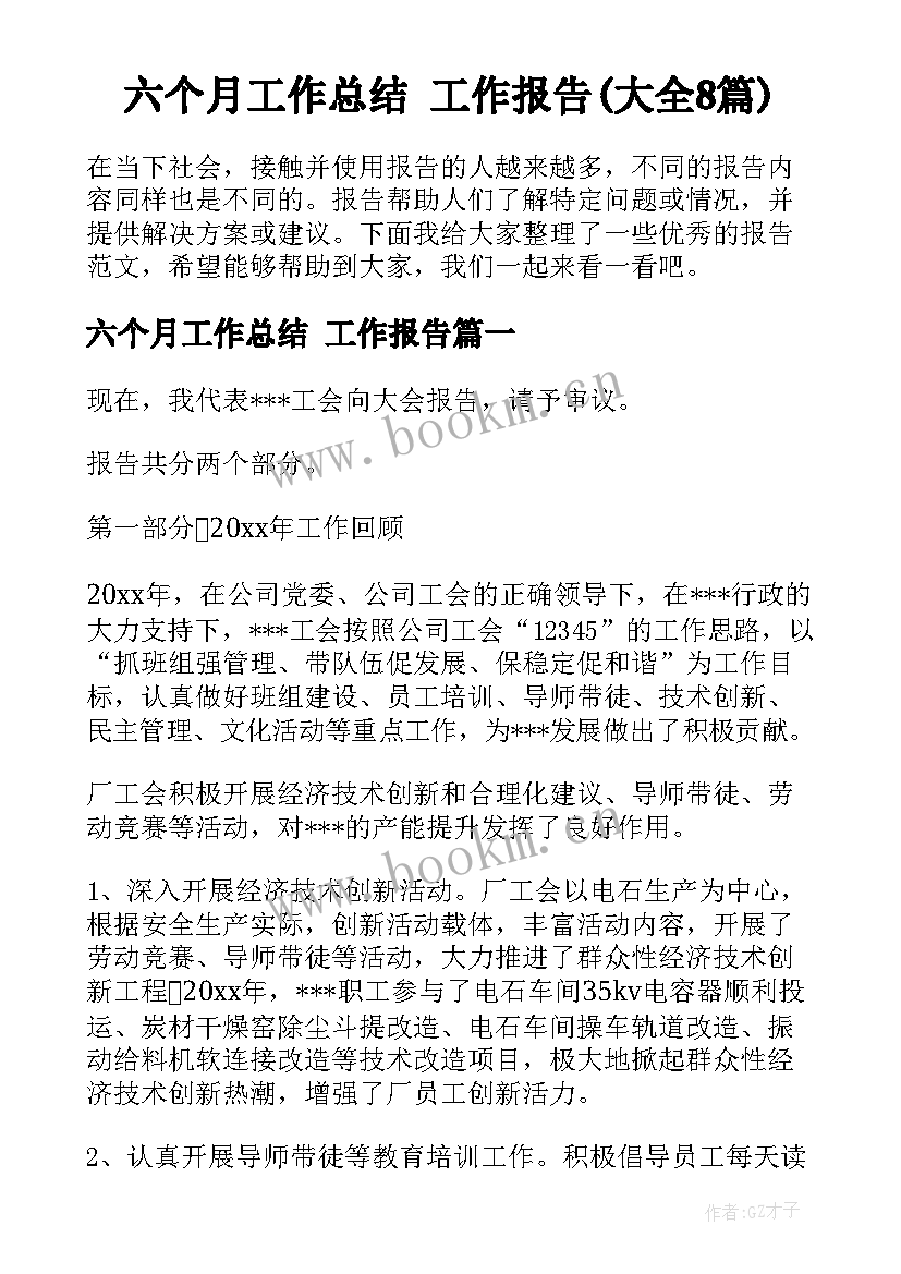 六个月工作总结 工作报告(大全8篇)