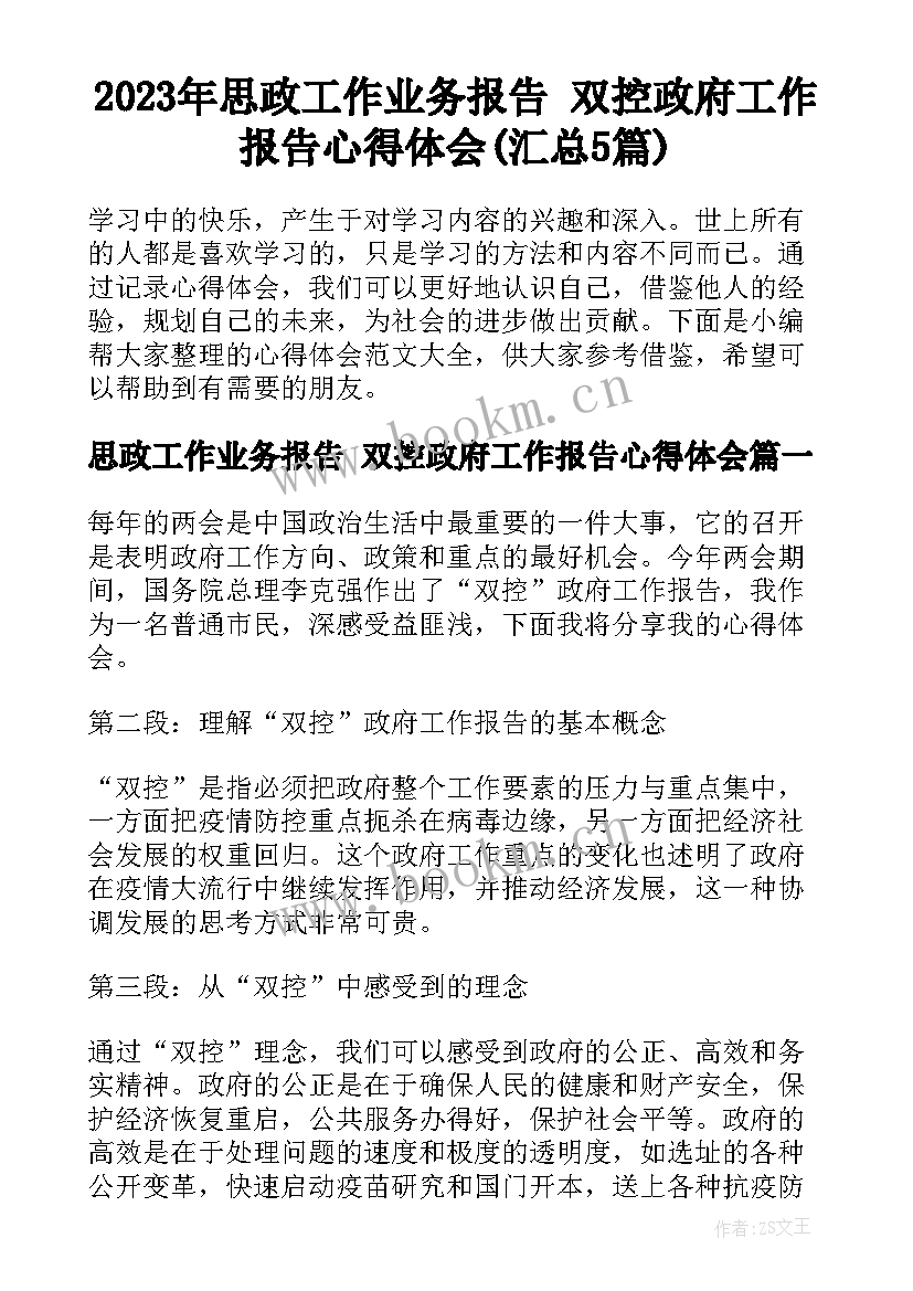 2023年思政工作业务报告 双控政府工作报告心得体会(汇总5篇)