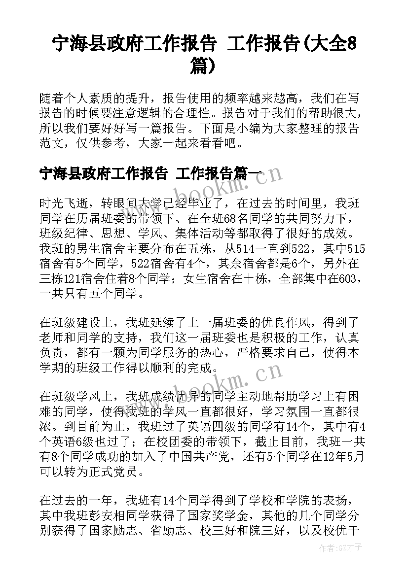 宁海县政府工作报告 工作报告(大全8篇)