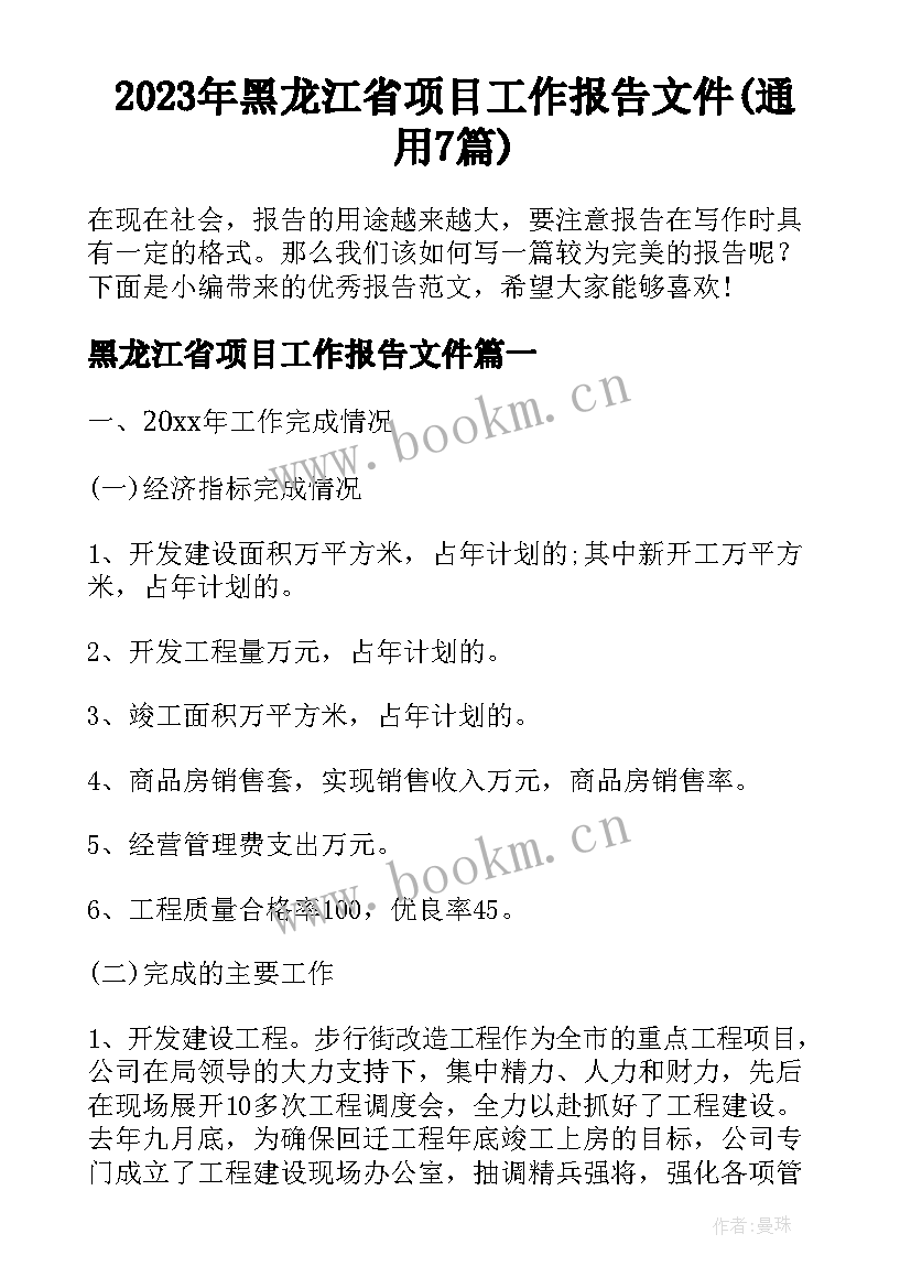 2023年黑龙江省项目工作报告文件(通用7篇)