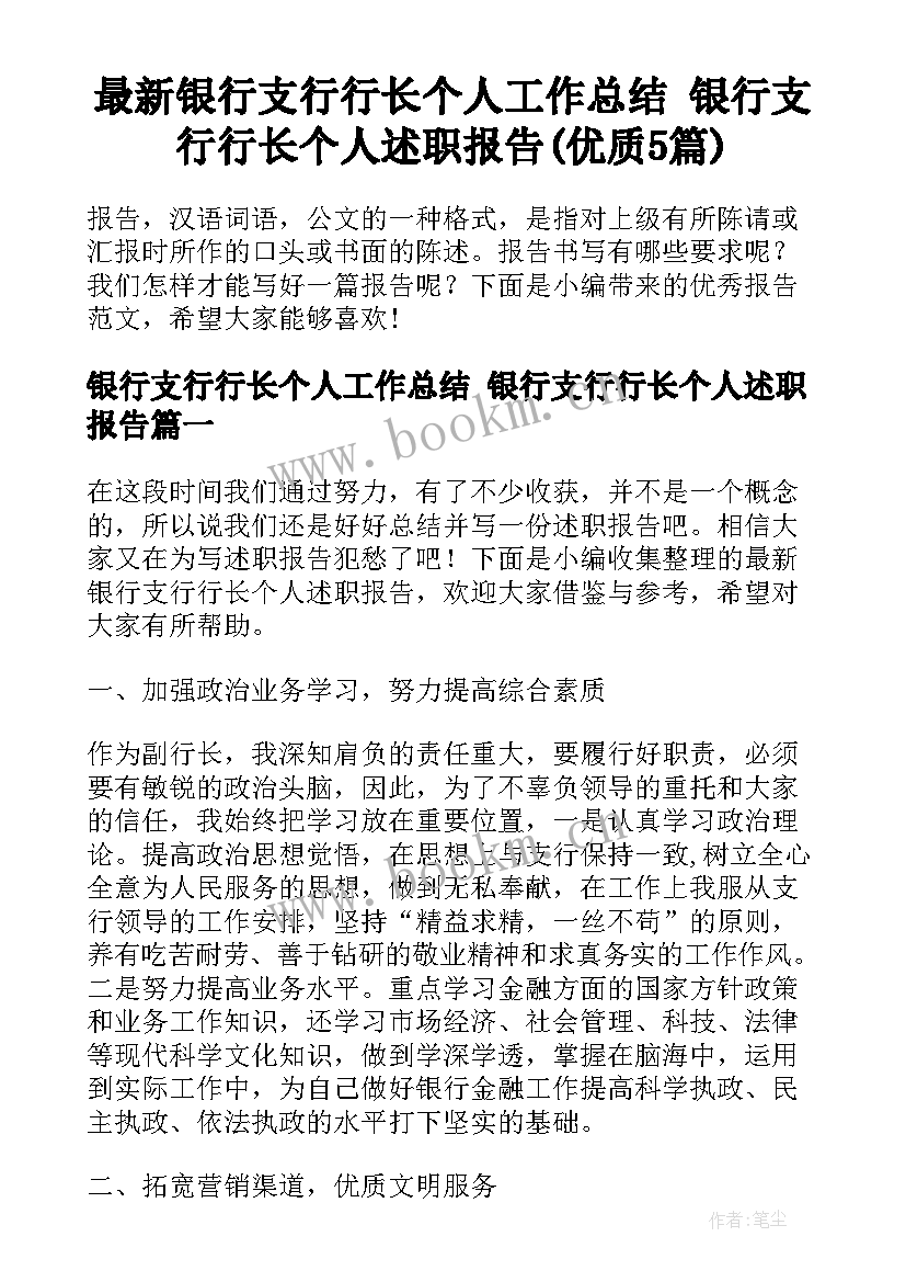 最新银行支行行长个人工作总结 银行支行行长个人述职报告(优质5篇)