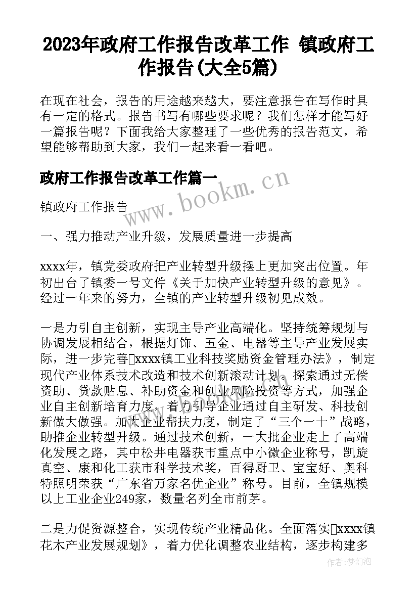 2023年政府工作报告改革工作 镇政府工作报告(大全5篇)