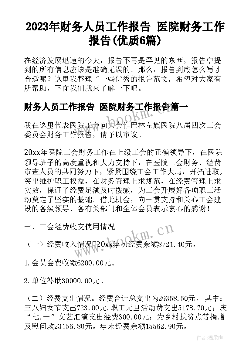 2023年财务人员工作报告 医院财务工作报告(优质6篇)