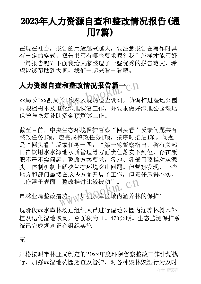 2023年人力资源自查和整改情况报告(通用7篇)