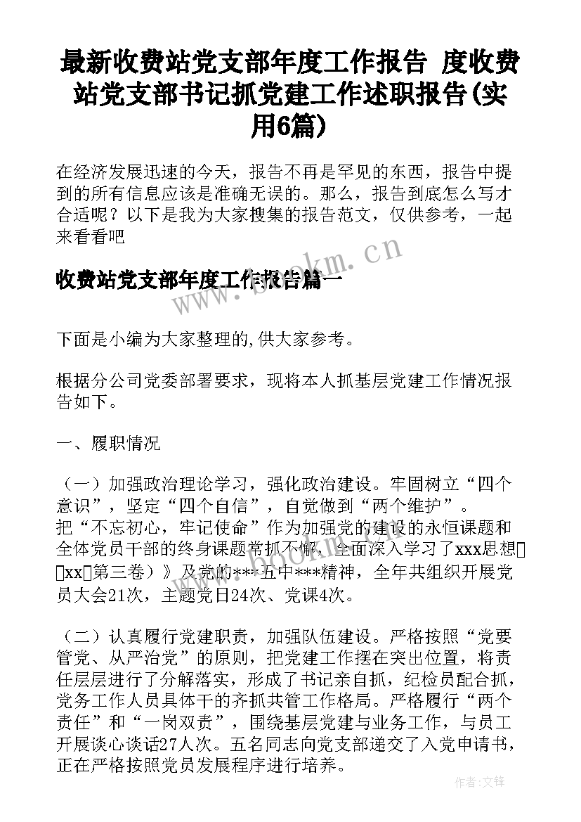 最新收费站党支部年度工作报告 度收费站党支部书记抓党建工作述职报告(实用6篇)