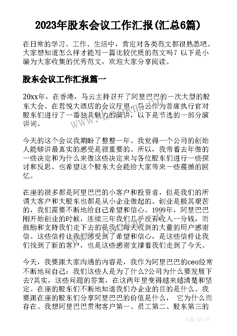 2023年股东会议工作汇报(汇总6篇)