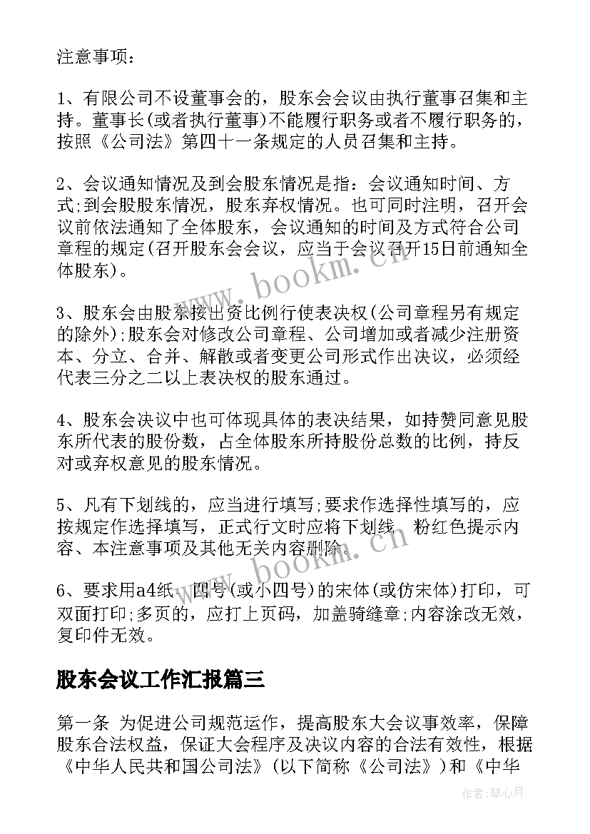 2023年股东会议工作汇报(汇总6篇)