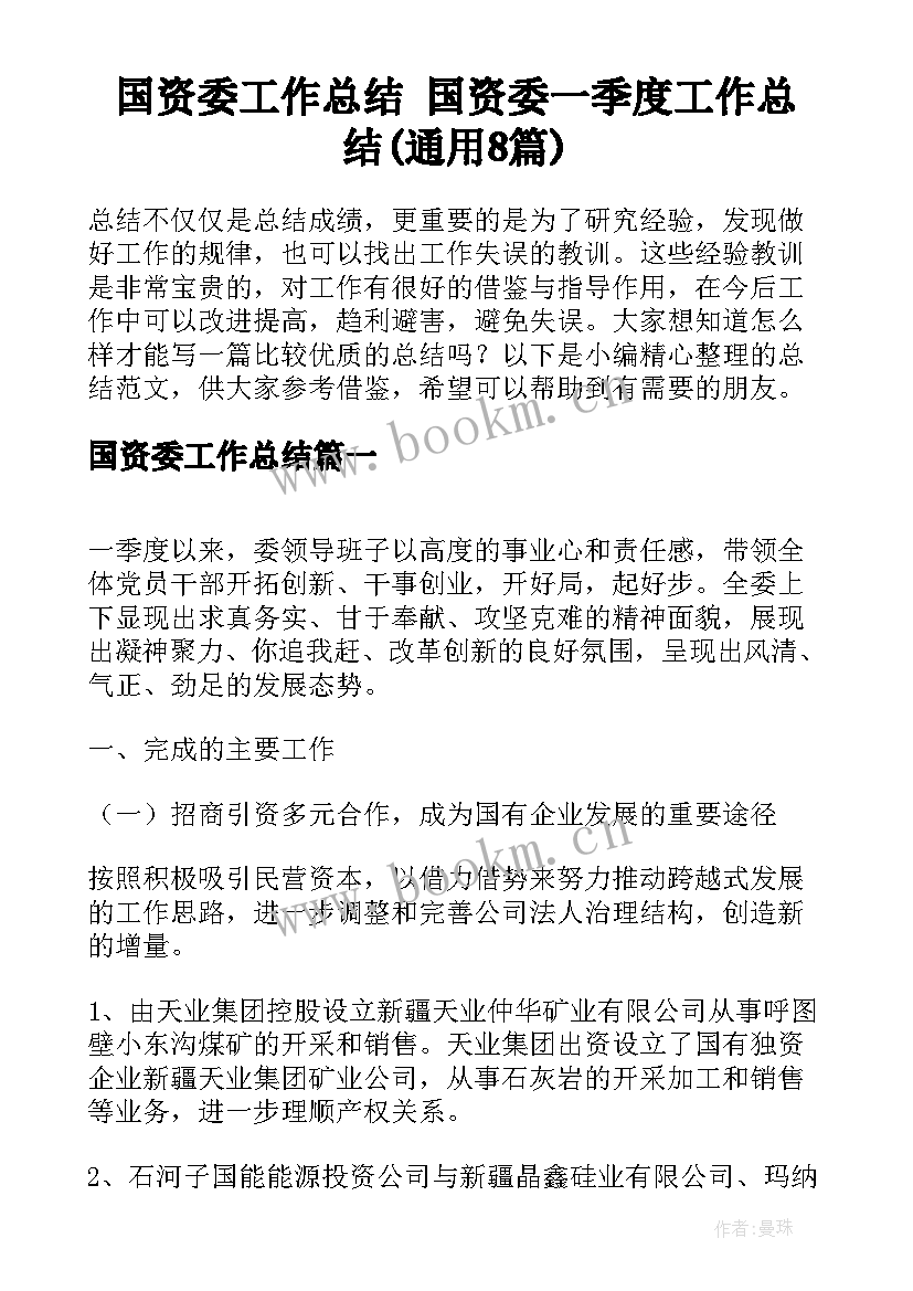 国资委工作总结 国资委一季度工作总结(通用8篇)