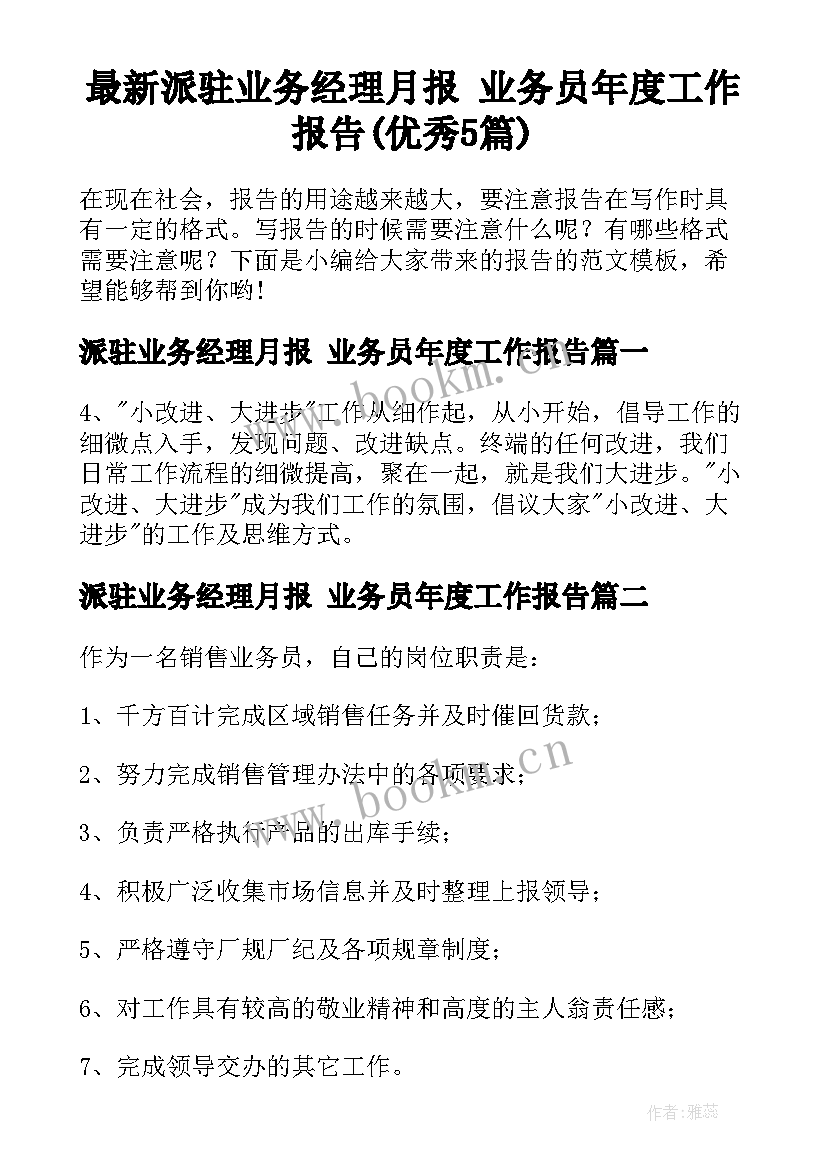 最新派驻业务经理月报 业务员年度工作报告(优秀5篇)