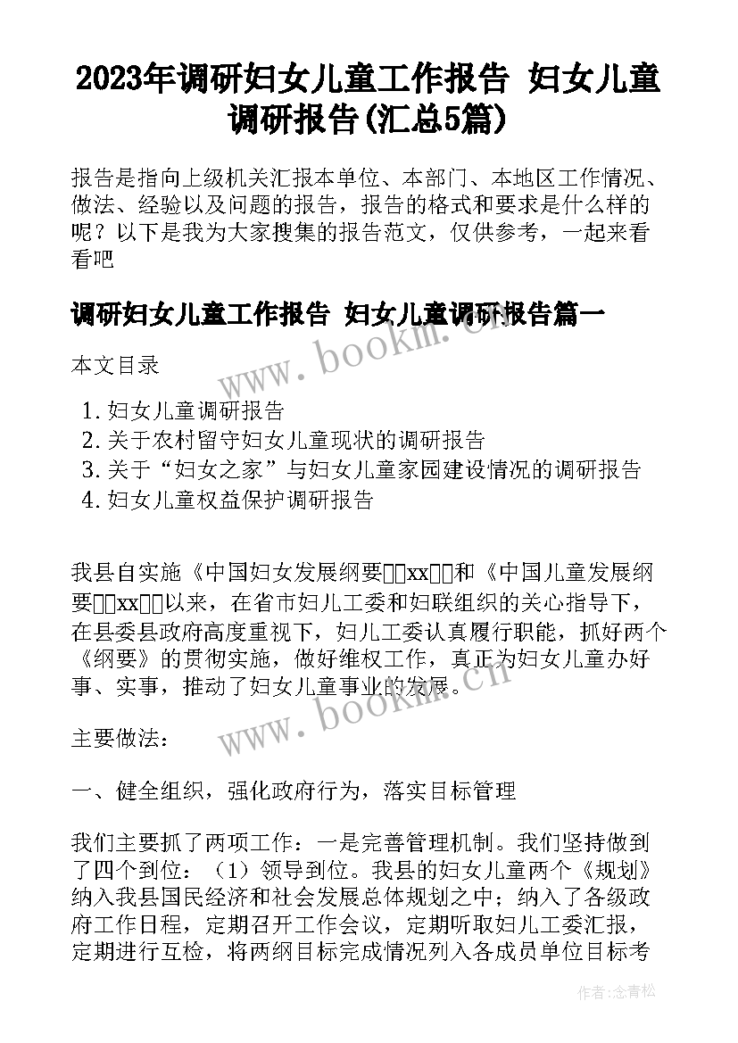 2023年调研妇女儿童工作报告 妇女儿童调研报告(汇总5篇)