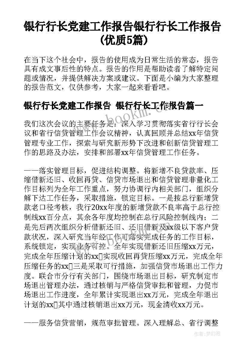 银行行长党建工作报告 银行行长工作报告(优质5篇)