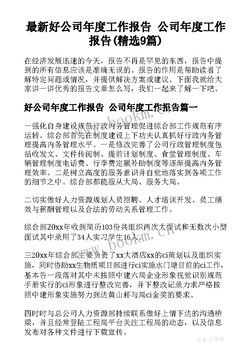 最新好公司年度工作报告 公司年度工作报告(精选9篇)