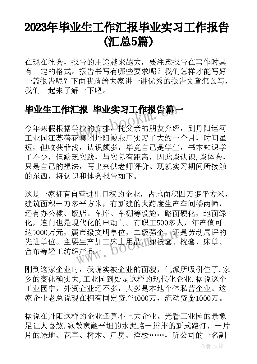 2023年毕业生工作汇报 毕业实习工作报告(汇总5篇)