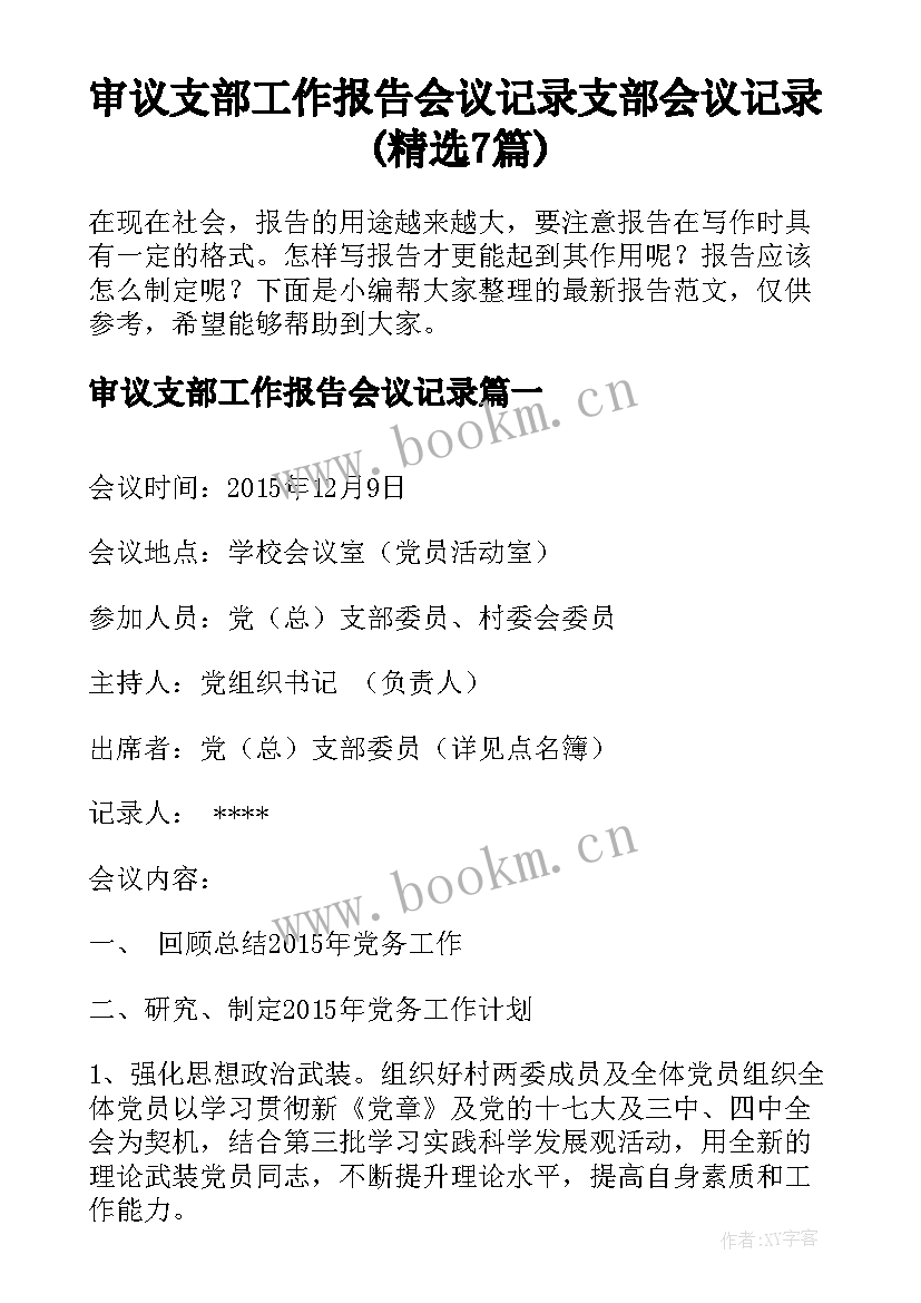 审议支部工作报告会议记录 支部会议记录(精选7篇)