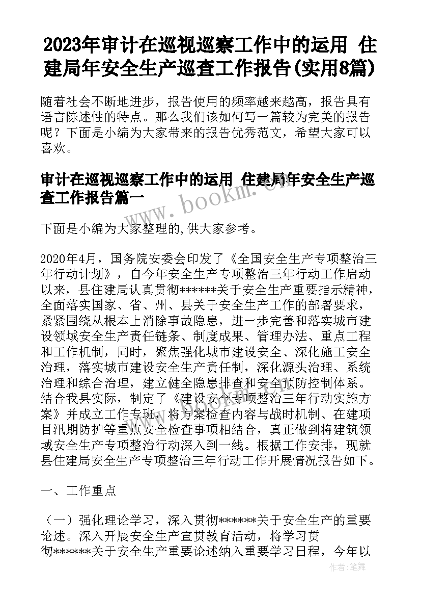 2023年审计在巡视巡察工作中的运用 住建局年安全生产巡查工作报告(实用8篇)