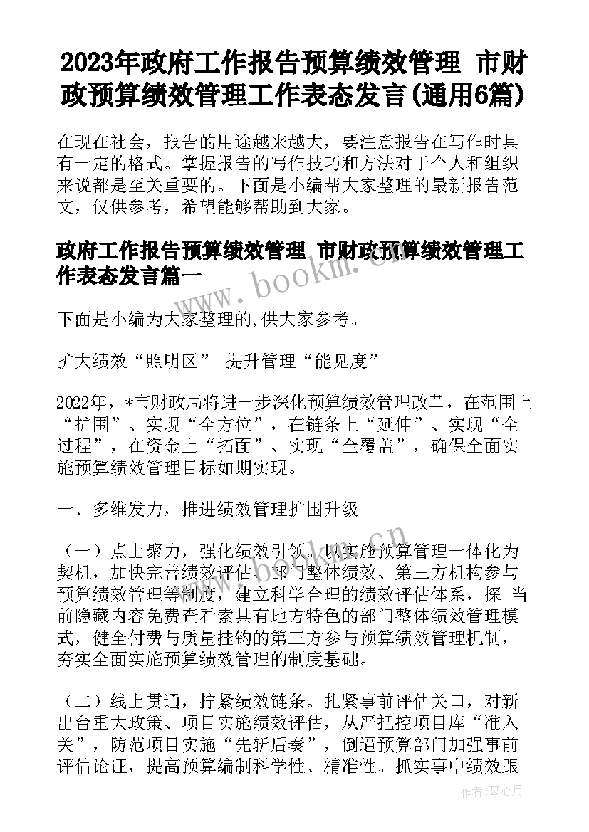 2023年政府工作报告预算绩效管理 市财政预算绩效管理工作表态发言(通用6篇)