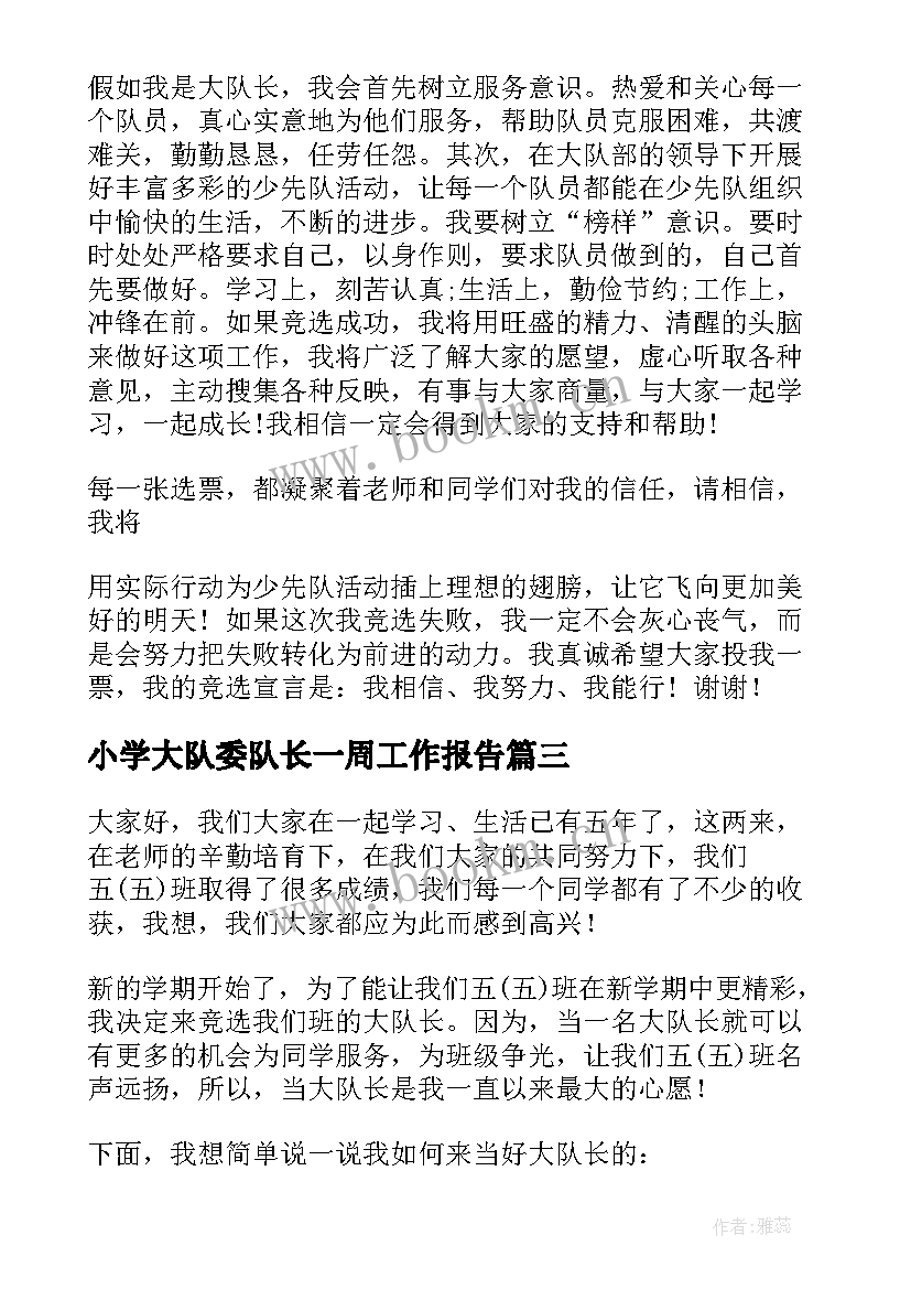 2023年小学大队委队长一周工作报告 小学生大队长演讲稿(优质7篇)