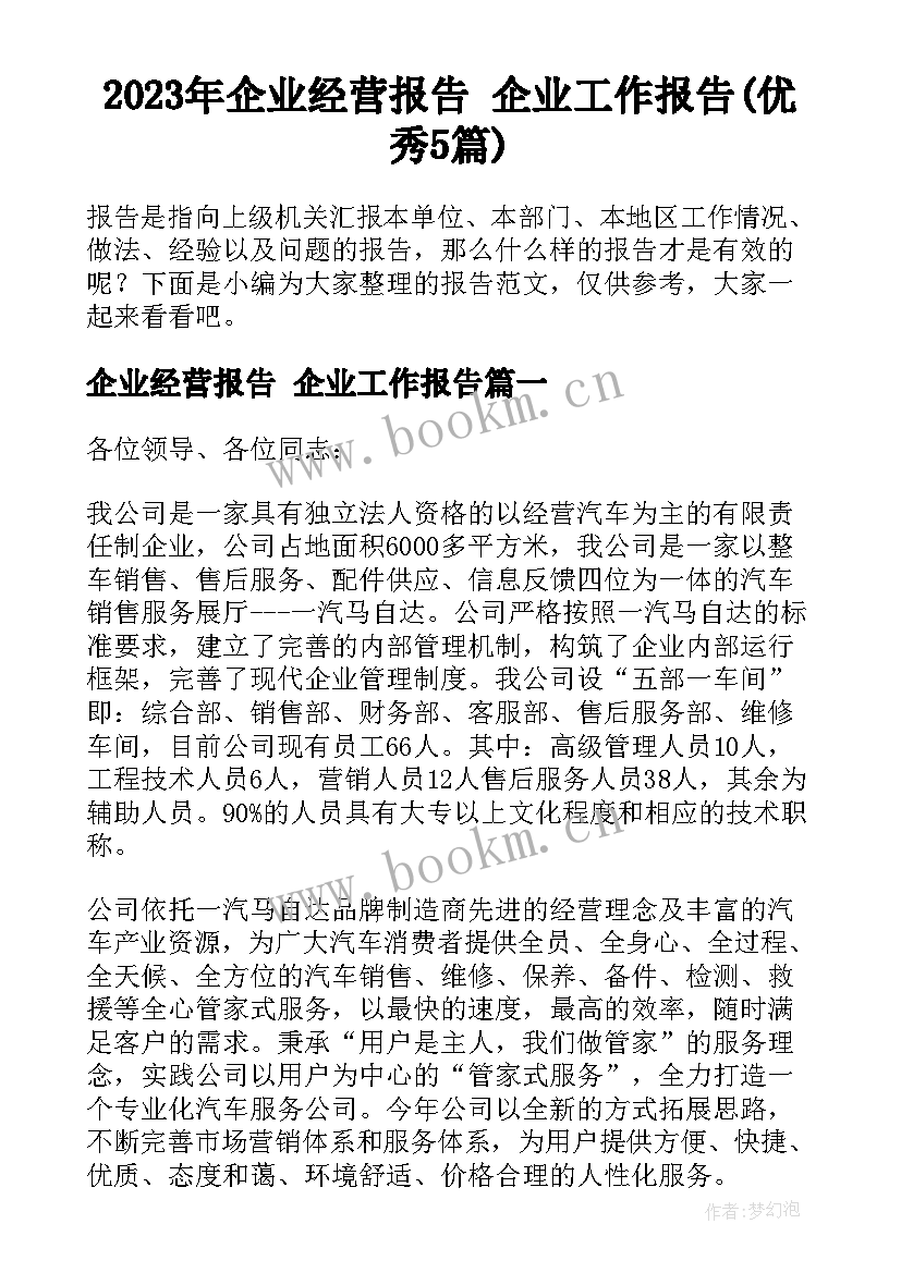 2023年企业经营报告 企业工作报告(优秀5篇)