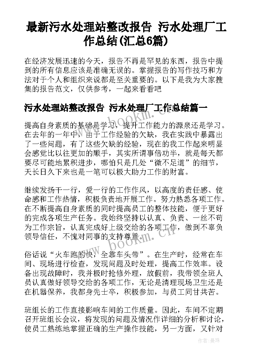 最新污水处理站整改报告 污水处理厂工作总结(汇总6篇)