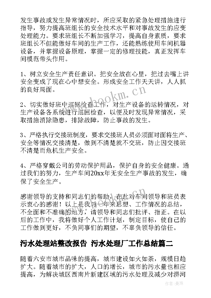 最新污水处理站整改报告 污水处理厂工作总结(汇总6篇)