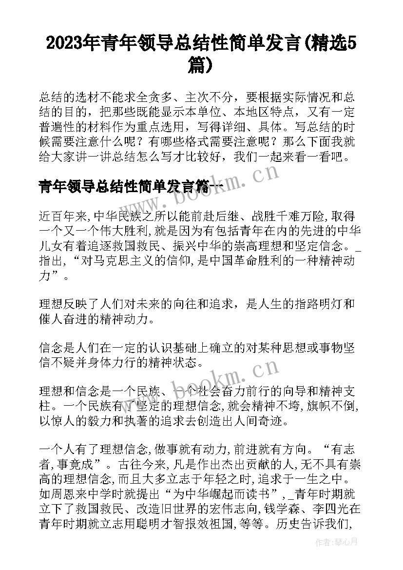 2023年青年领导总结性简单发言(精选5篇)