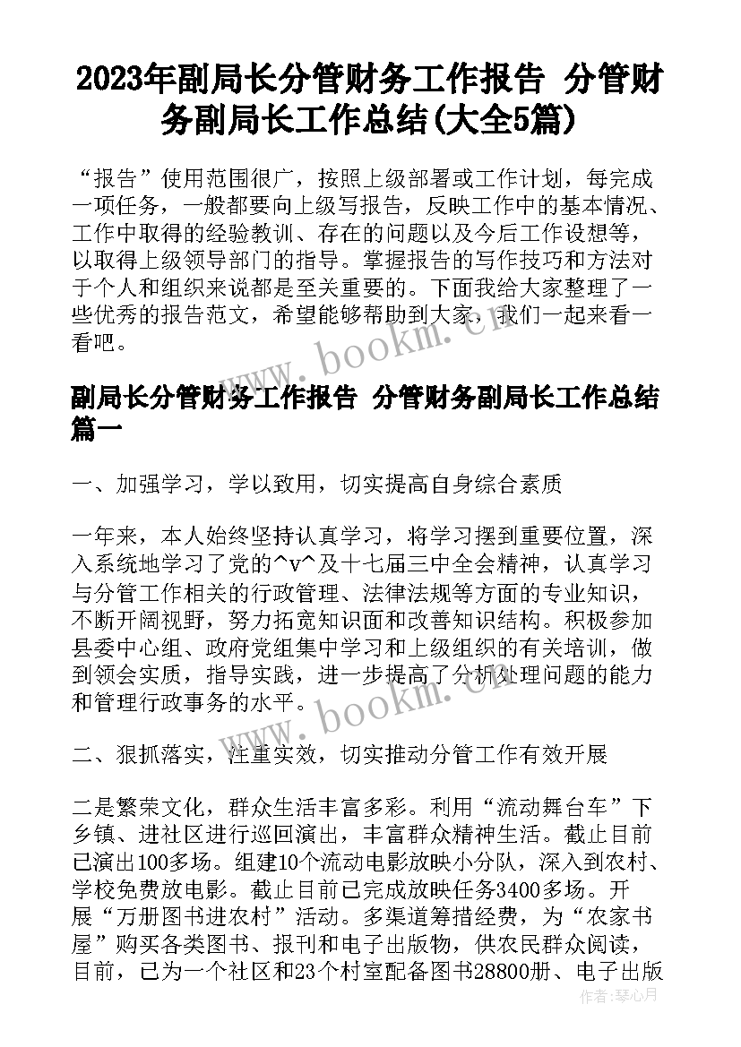 2023年副局长分管财务工作报告 分管财务副局长工作总结(大全5篇)