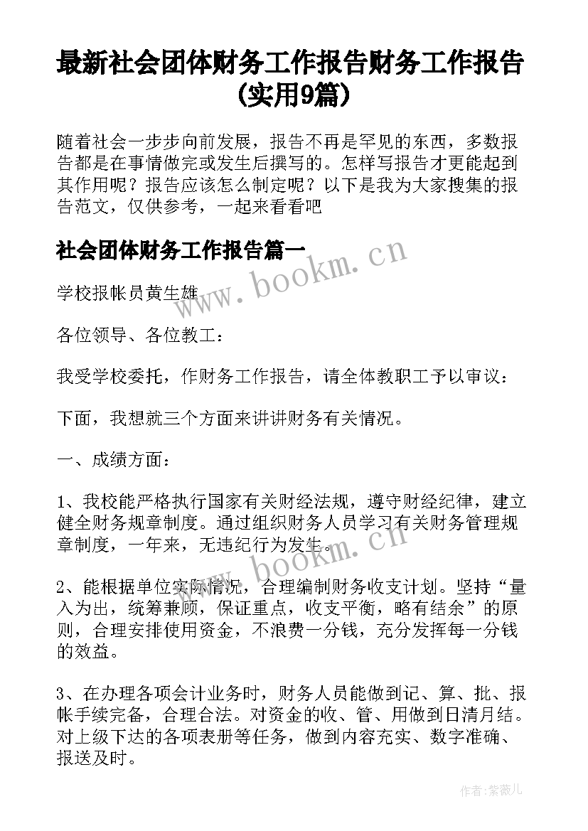 最新社会团体财务工作报告 财务工作报告(实用9篇)