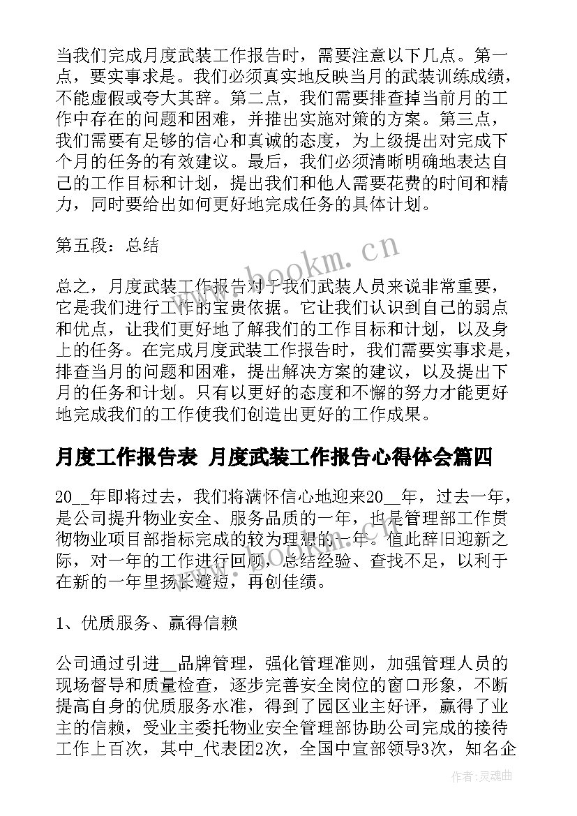 月度工作报告表 月度武装工作报告心得体会(优质10篇)