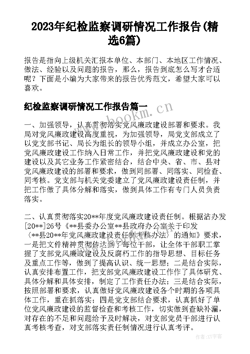 2023年纪检监察调研情况工作报告(精选6篇)