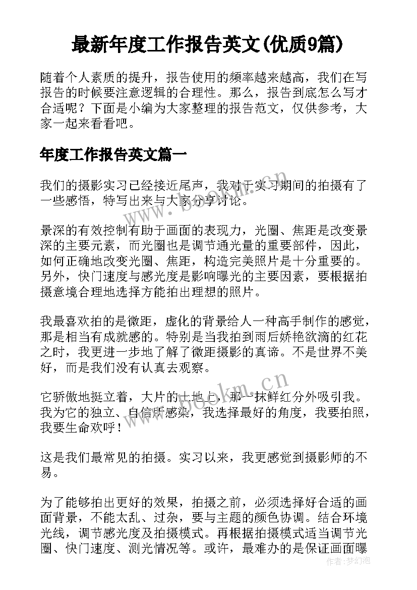 最新年度工作报告英文(优质9篇)