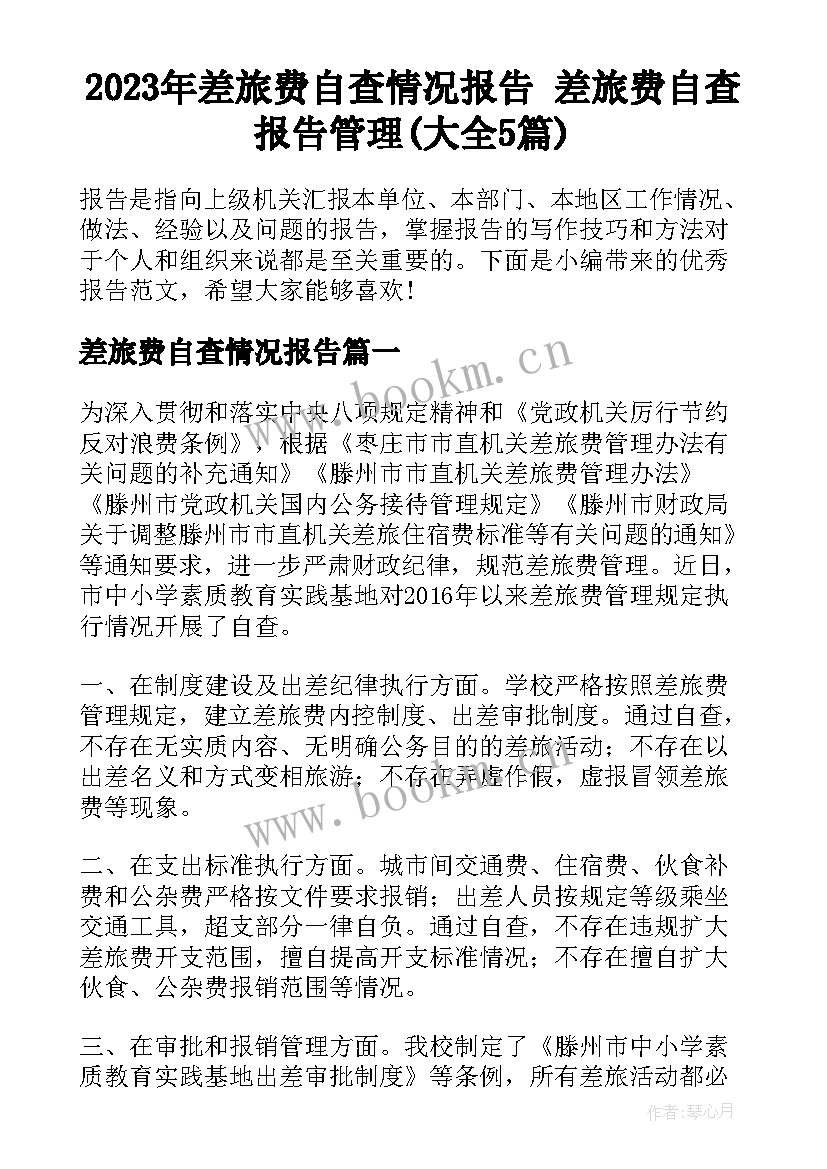 2023年差旅费自查情况报告 差旅费自查报告管理(大全5篇)