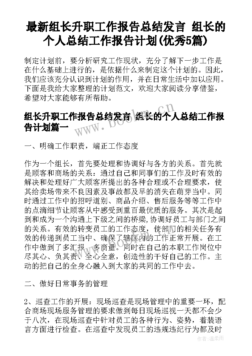 最新组长升职工作报告总结发言 组长的个人总结工作报告计划(优秀5篇)