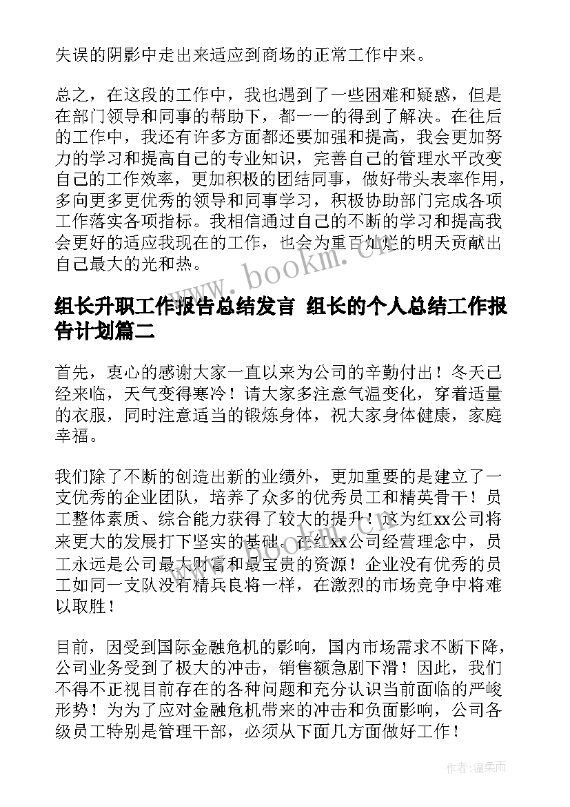 最新组长升职工作报告总结发言 组长的个人总结工作报告计划(优秀5篇)