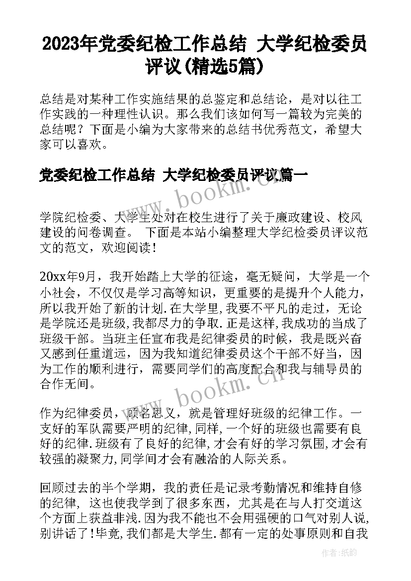 2023年党委纪检工作总结 大学纪检委员评议(精选5篇)